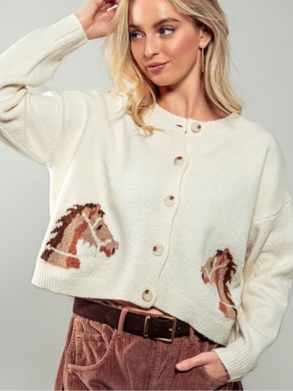 Cream Button-Front Horse Intarsia Cardigan Sweater